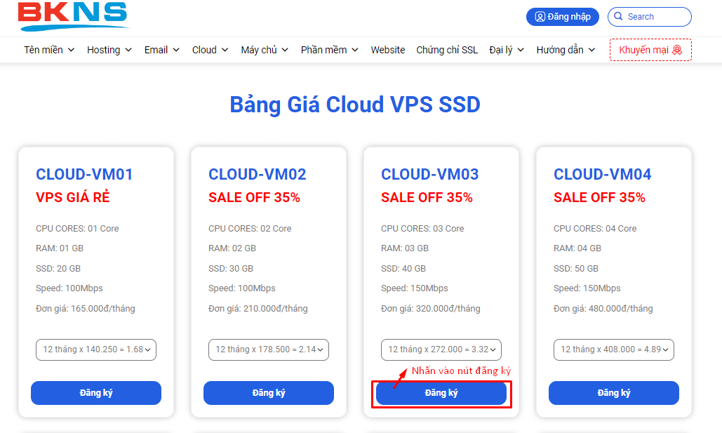 Lựa chọn gói VPS cần đăng ký