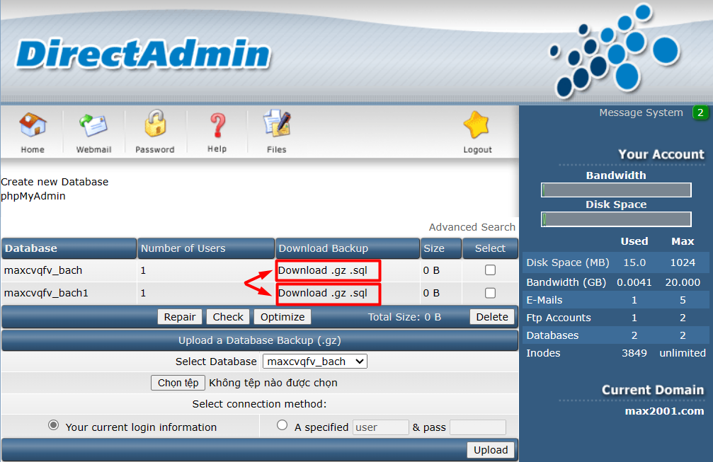 Hướng dẫn backup database trên Direct Admin