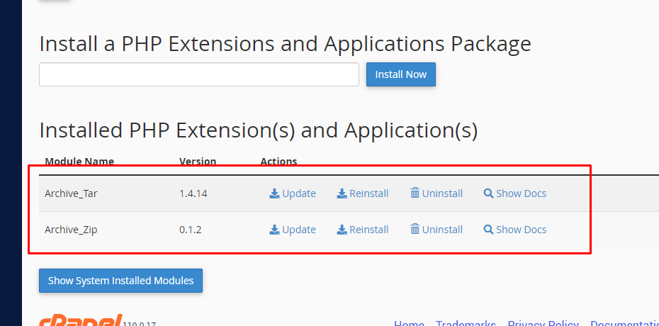 Các gói đã cài đặt hiển thị trong phần Installed PHP Extension(s) and Application(s)