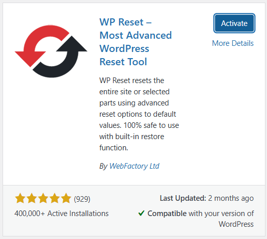 Cài đặt WP Reset