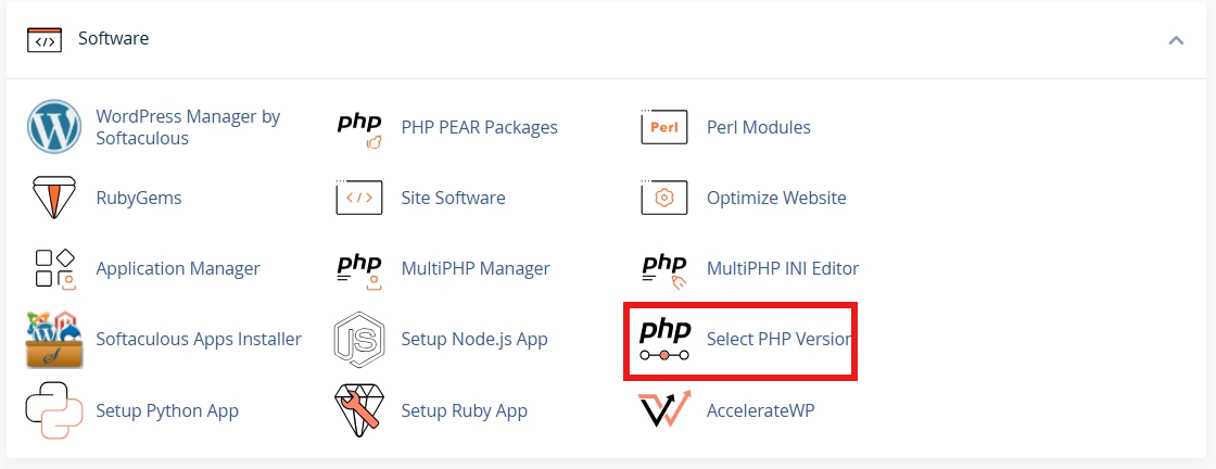 Chọn Select PHP Version