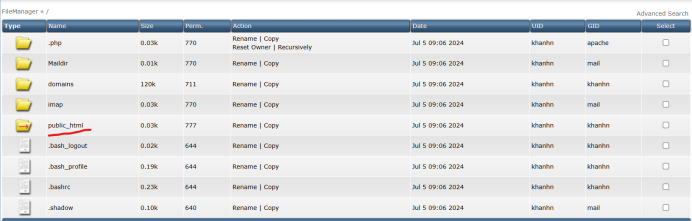 Chọn public_html