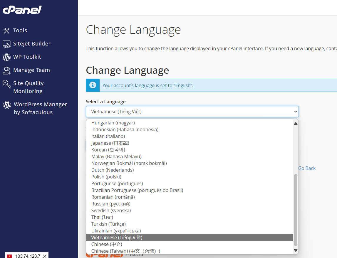 Danh sách các ngôn ngữ có sẵn trong trang Change Language