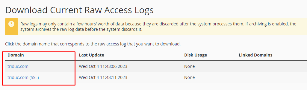 Giao diện Download Current Raw Access Logs