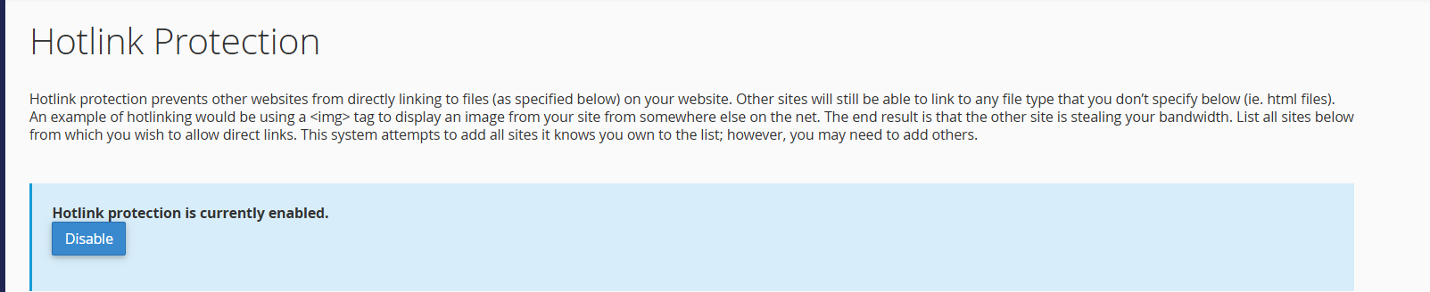 Nhấp vào Disable để tắt Hotlink Protection trong cPanel.