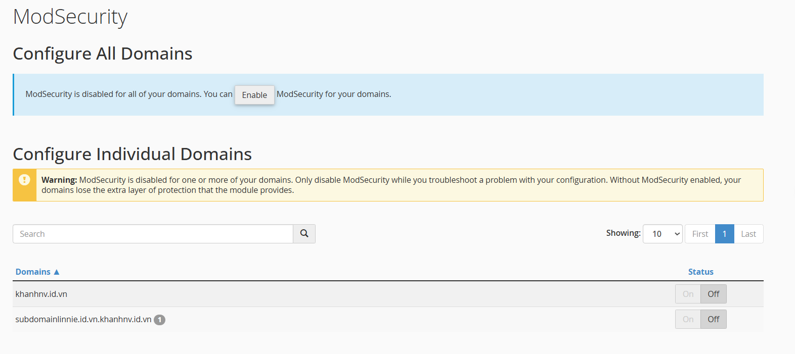 Nhấp vào Enable để kích hoạt ModSecurity tất cả các tên miền