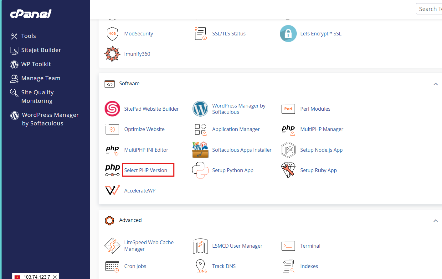 Nhấp vào Select PHP Version trong Software