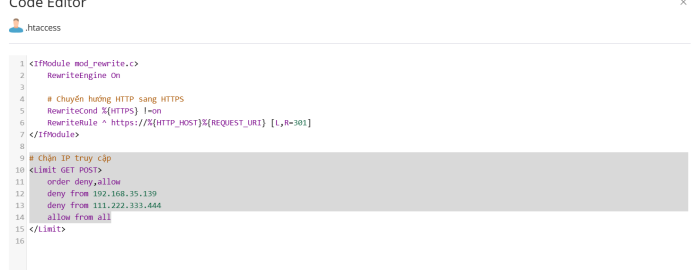 Sửa file htaccess, thêm phần chặn IP truy cập