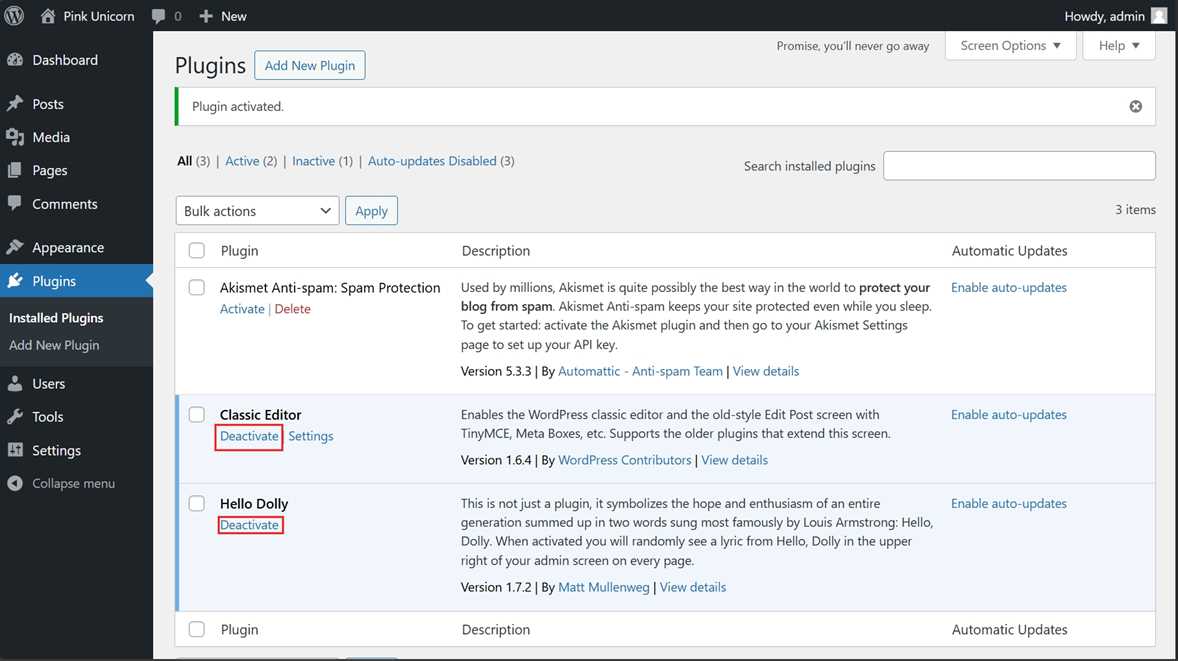 Tắt plugin