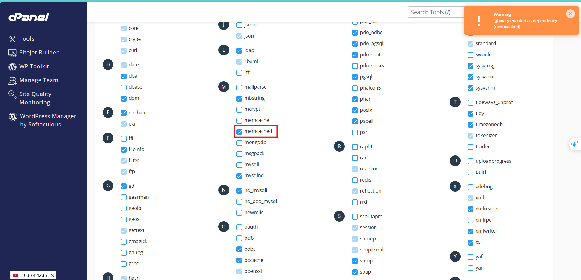 Tích ô kiểm để kích hoạt Memcached.