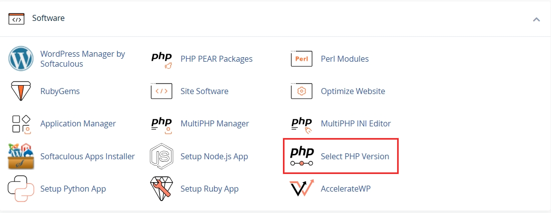 Tìm Software và truy cập Select PHP Version