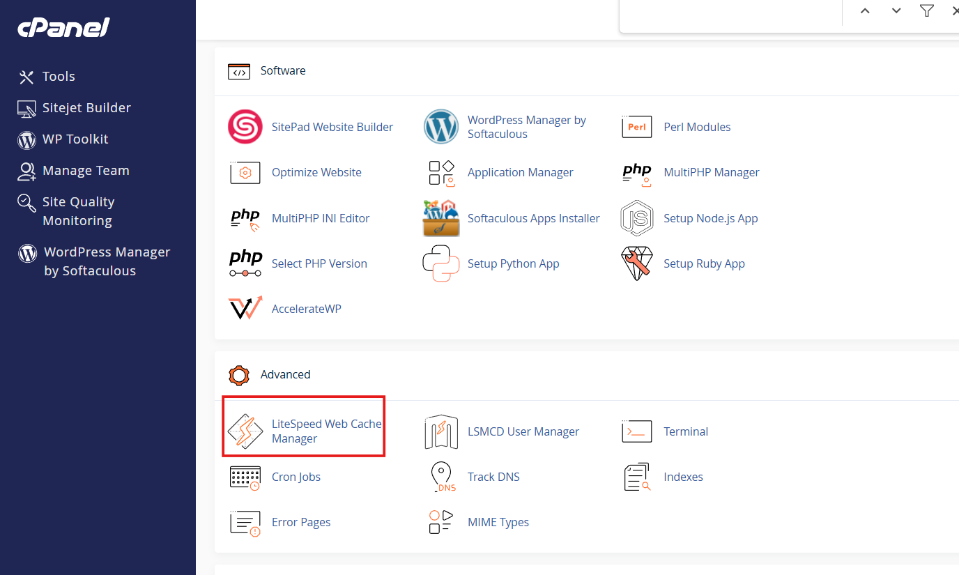 Tìm mục LiteSpeed Web Cache Manager