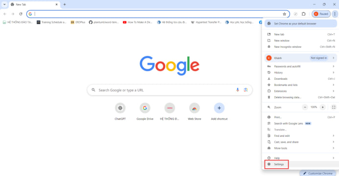 Trên trình duyệt Chrome chọn Settings
