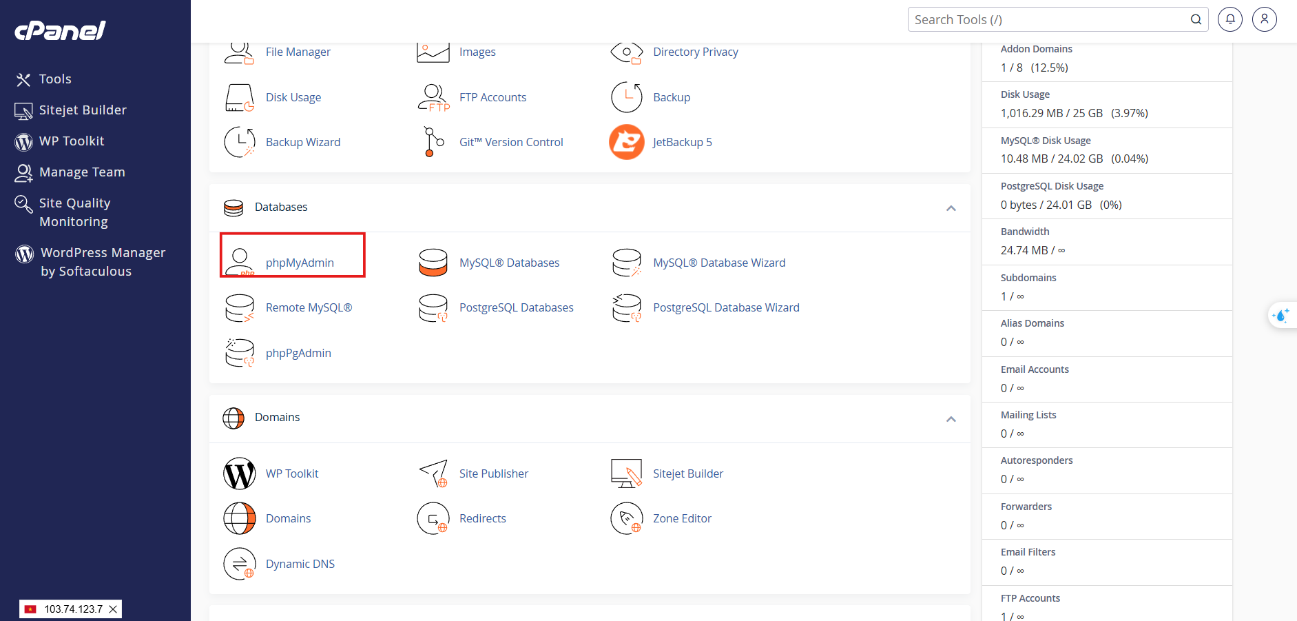 Truy cập phpMyAdmin trong phần Database