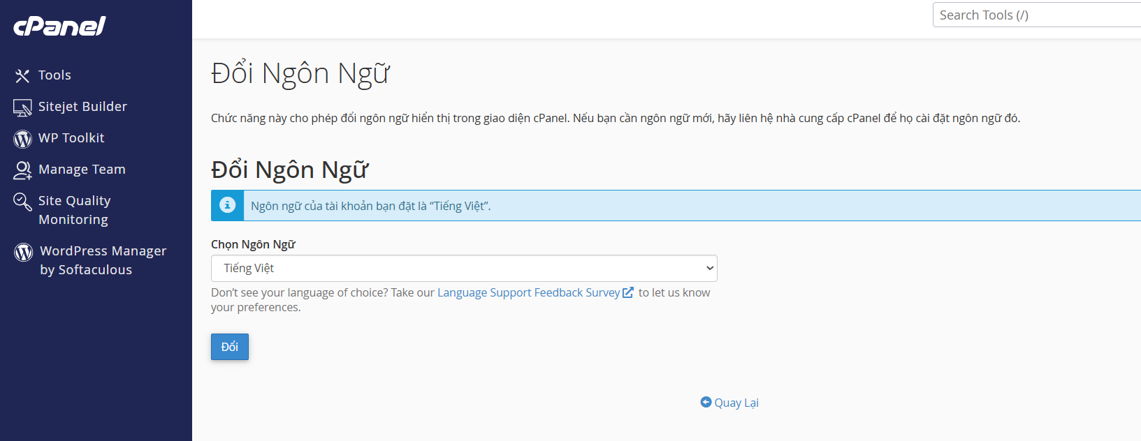 cPanel tự động chuyển sang ngôn ngữ mà bạn đã chọn