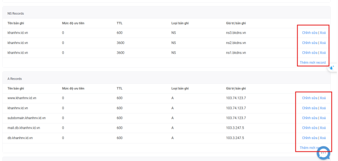 Chỉnh sửa thông tin bản ghi DNS
