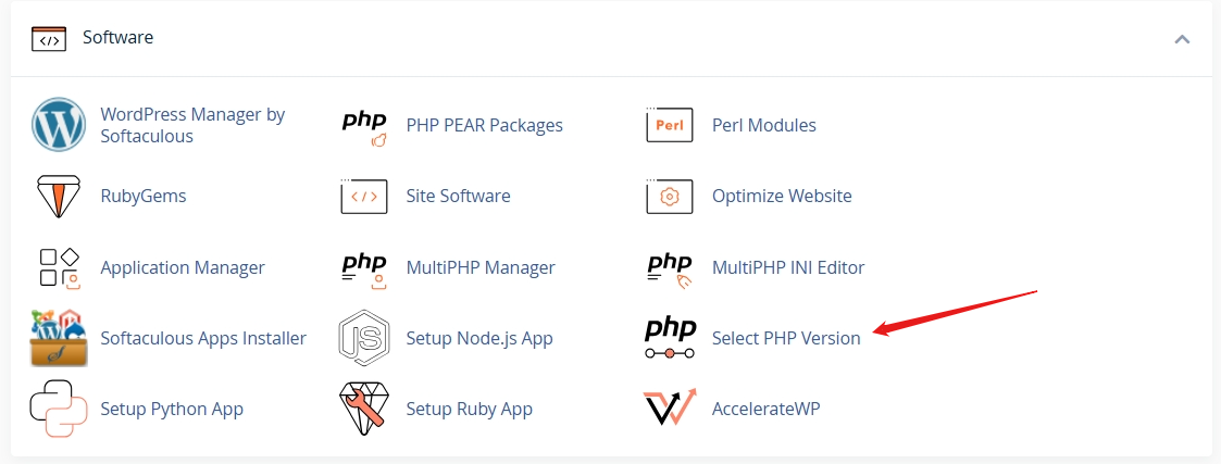 Tại phần Software và chọn Select PHP Version