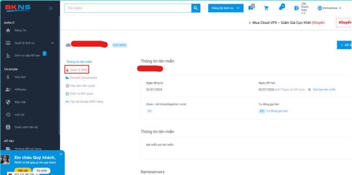 Chọn tên miền của bạn và vào chọn Quản lý DNS