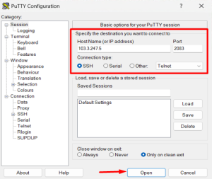 Quay lại mục Session nhập vào phần server name và port SSH