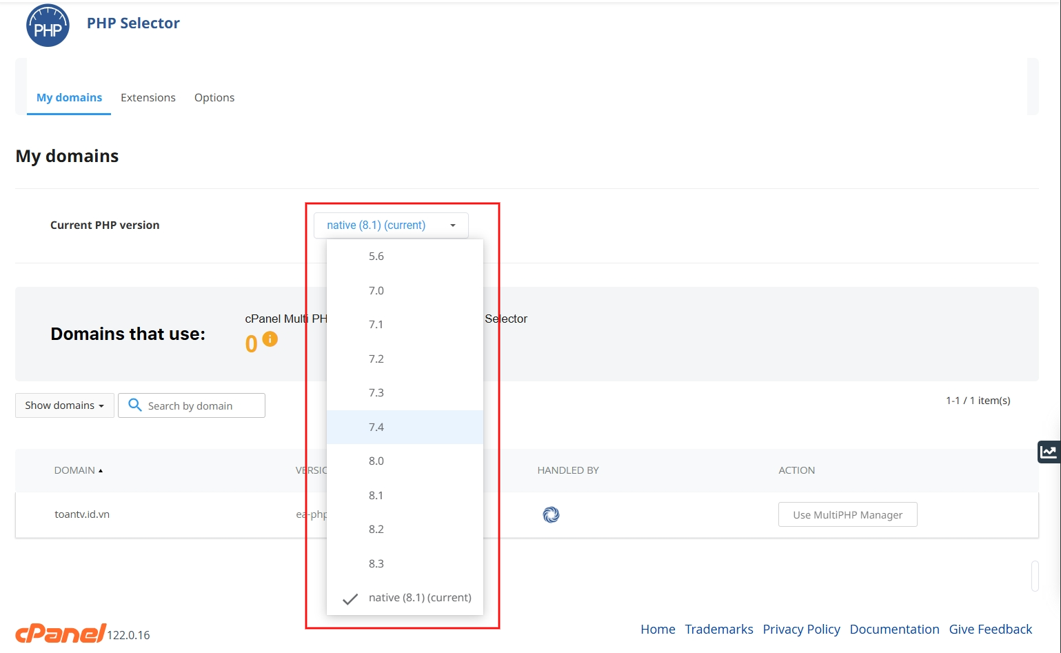 Đi tới mục Current PHP version để thay đổi phiên bản PHP hiện tại