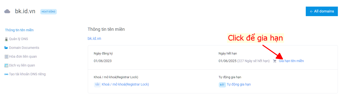 Click vào Gia hạn Tên miền