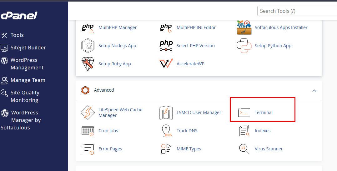 Truy cập cPanel Terminal